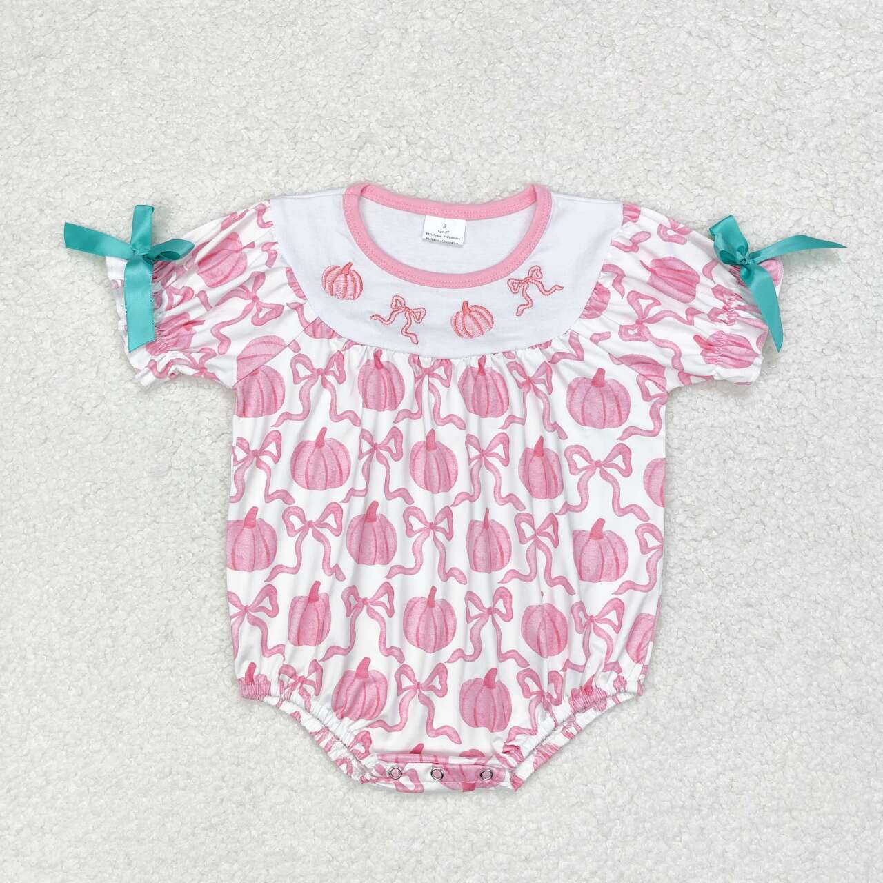 SR1904 Pumpkin Embroidery Pink Bows Print Baby Girls Fall Romper