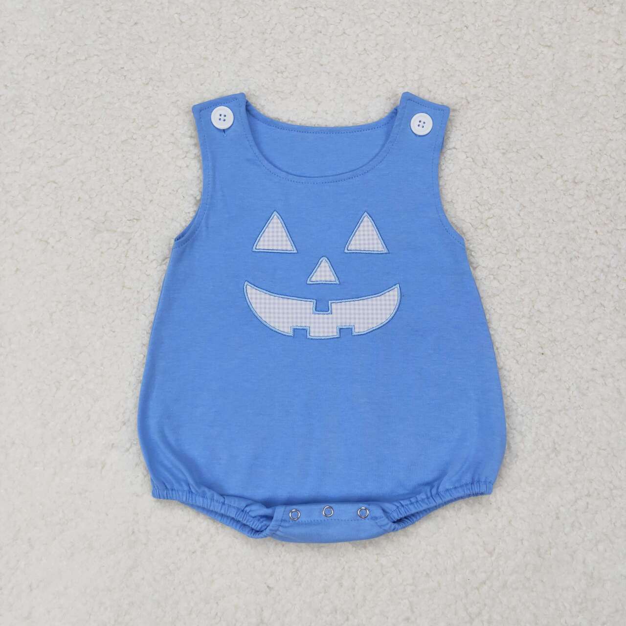 LR1172 Plaid Top Ghost Face Embroidery Blue Romper Baby Boys 2 Pieces Halloween Clothes Set