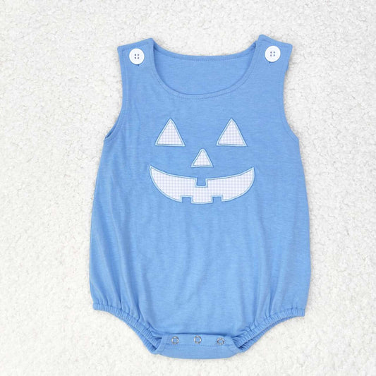 SR1926 Blue Halloween Ghost Face Embroidery Baby Boys Halloween Romper