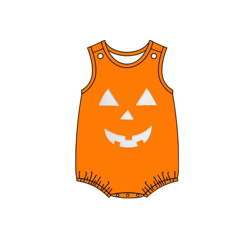 (Pre-order)SR1937 Orange Halloween Ghost Face Print Baby Girls Halloween Romper