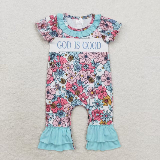 SR1938 GOD IS GOOD Flowers Print Baby Girls Romper