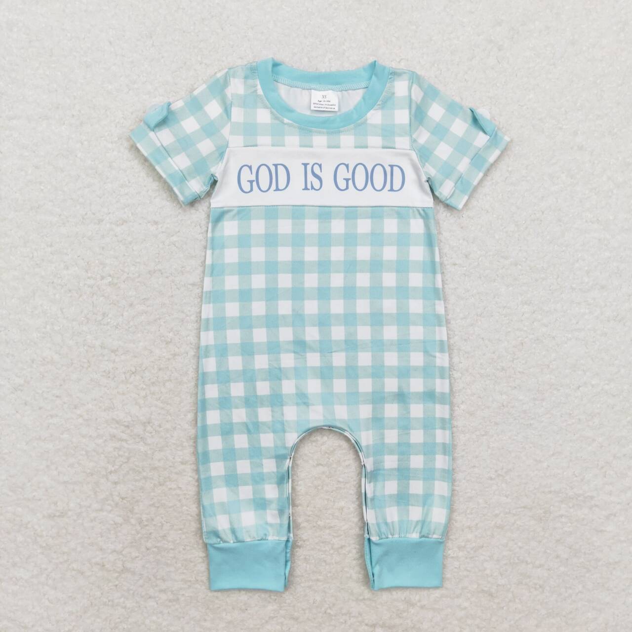 SR1939 GOD IS GOOD Blue Plaid Print Baby Boys Romper