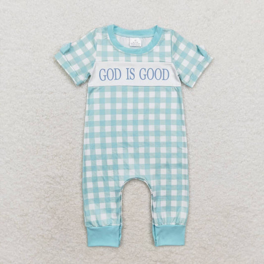 SR1939 GOD IS GOOD Blue Plaid Print Baby Boys Romper