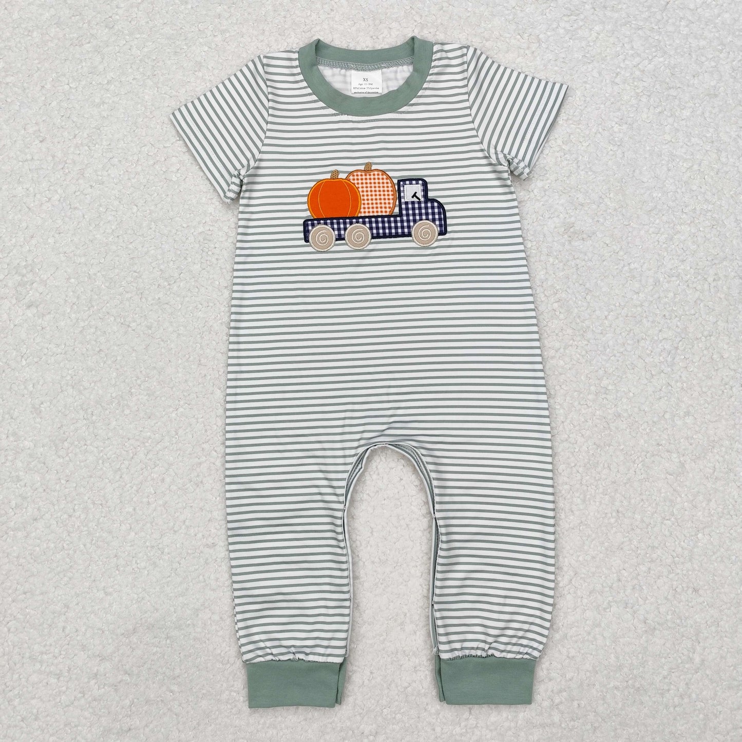 SR1958 Pumpkin Trucks Embroidery Stripes Print Baby Boys Fall Romper