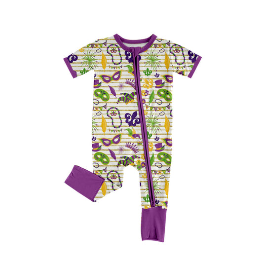 (Pre-order)SR1959 Mask Purple Print Baby Mardi Gras Sleeper Zipper Romper