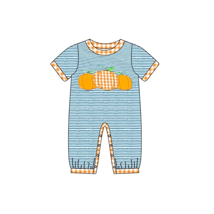 (Pre-order)SR1960 Pumpkin Blue Stripes Print Baby Boys Fall Romper