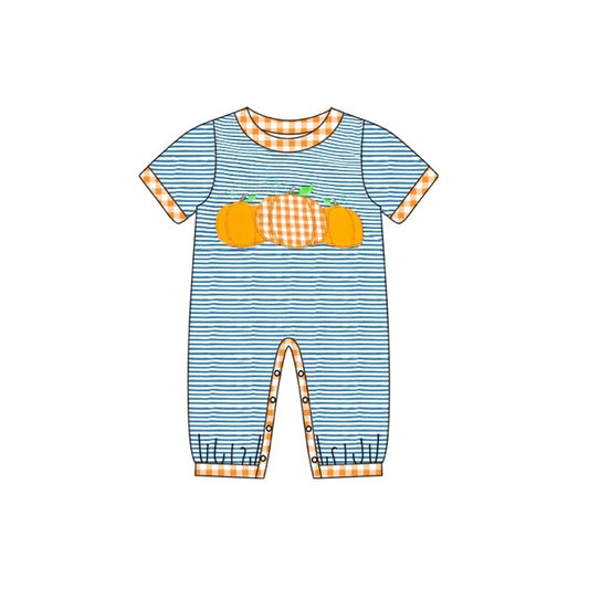 (Pre-order)SR1960 Pumpkin Blue Stripes Print Baby Boys Fall Romper