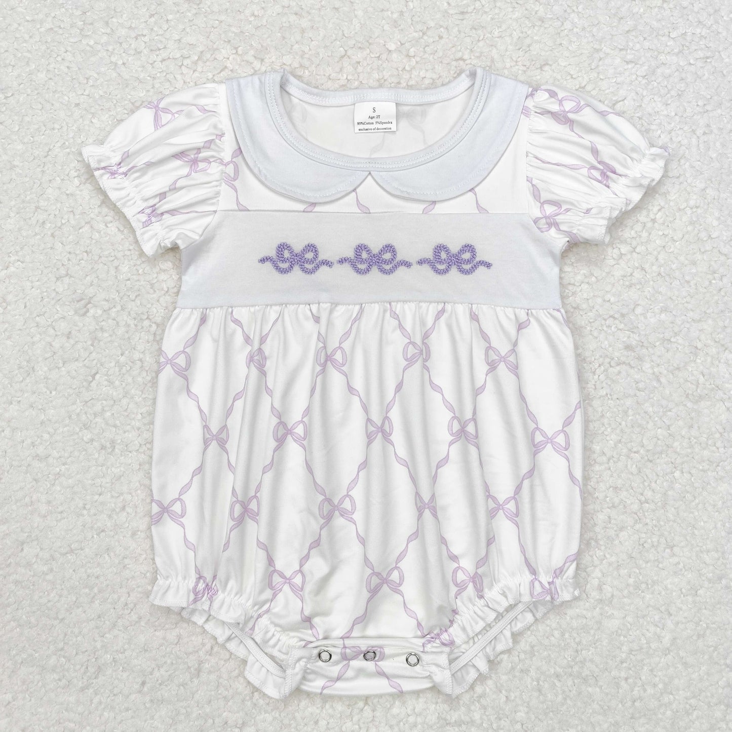 SR1968 Purple Bows Embroidery Print Baby Girls Summer Romper