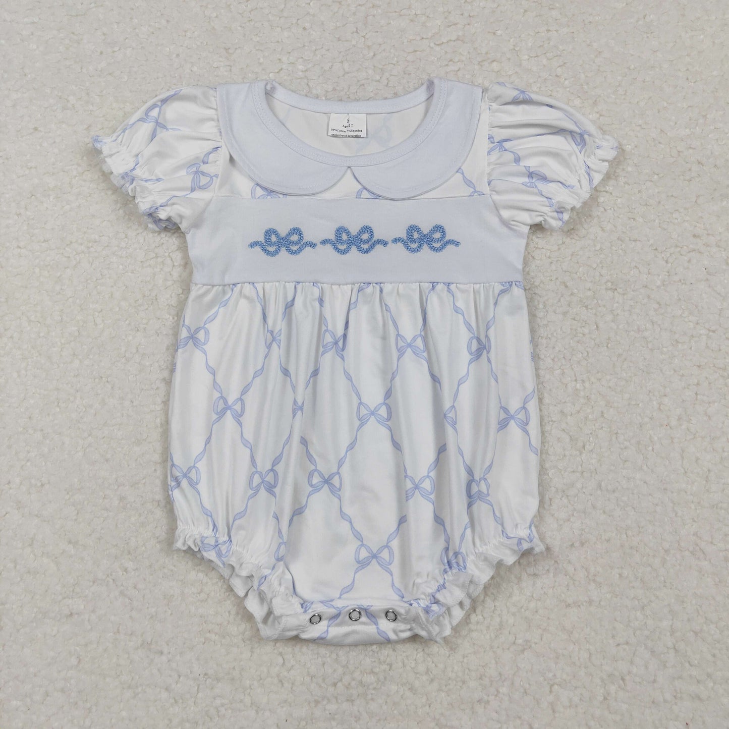 SR1969 Blue Bows Embroidery Baby Girls Summer Romper