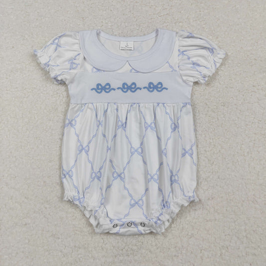 SR1969 Blue Bows Embroidery Baby Girls Summer Romper