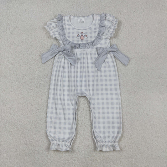 SR1970 Turkey Plaid Print Baby Girls Thanksgiving Romper