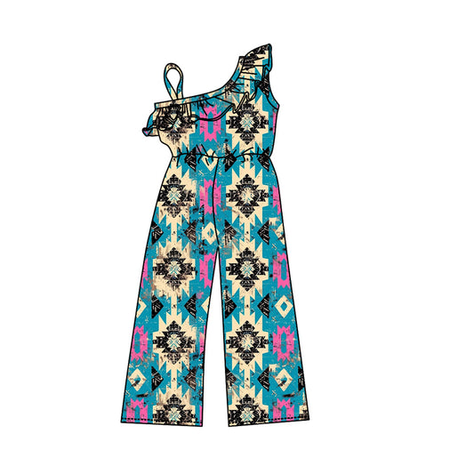 (Pre-order)SR1977  Blue Aztec Print Print Girls Western Jumpsuits