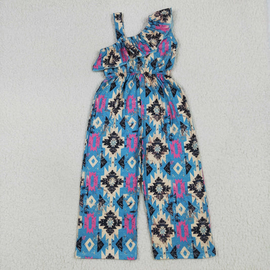 SR1977  Blue Aztec Print Girls Western Jumpsuits