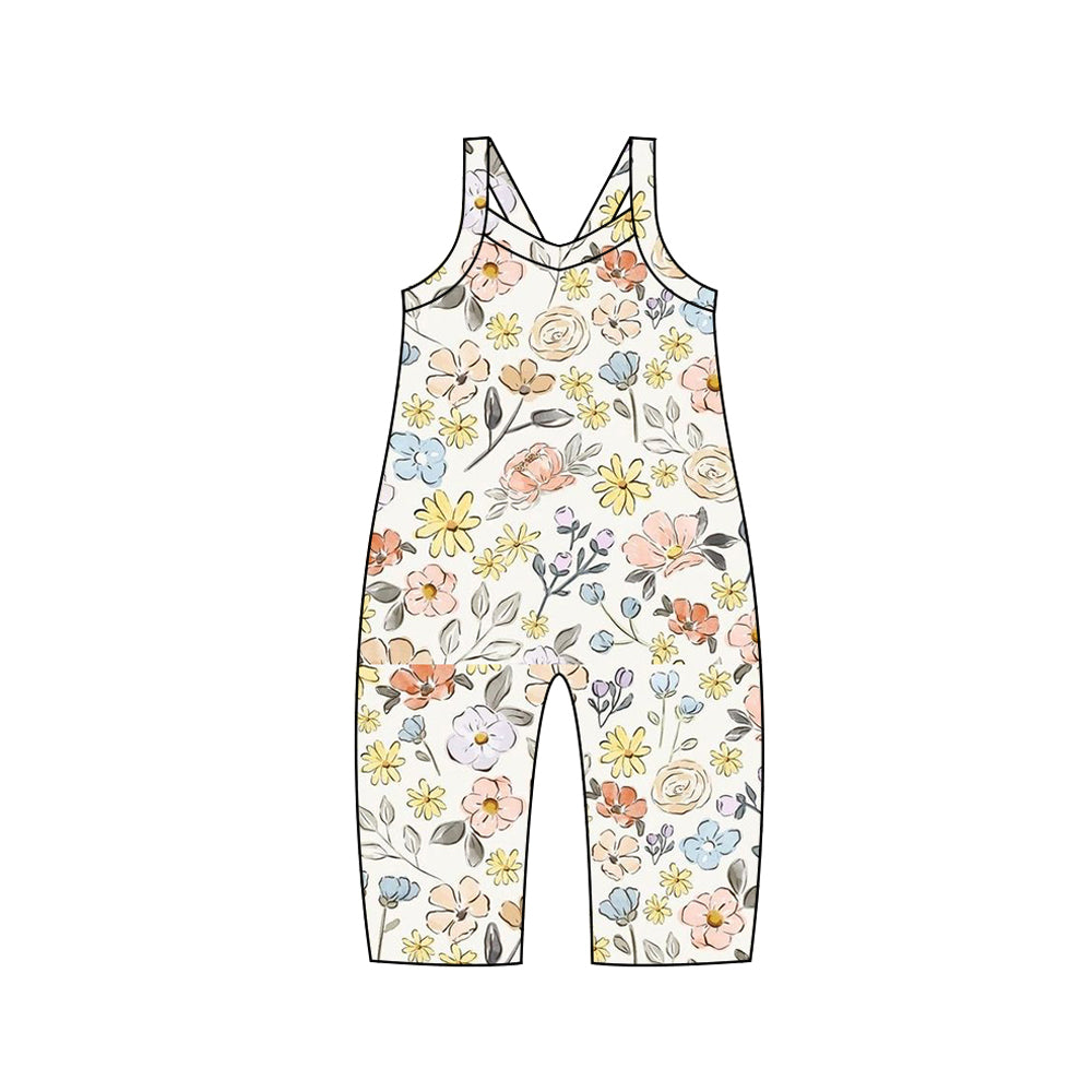 (Pre-order)SR1981  Yellow Flowers Print Girls Jumpsuits