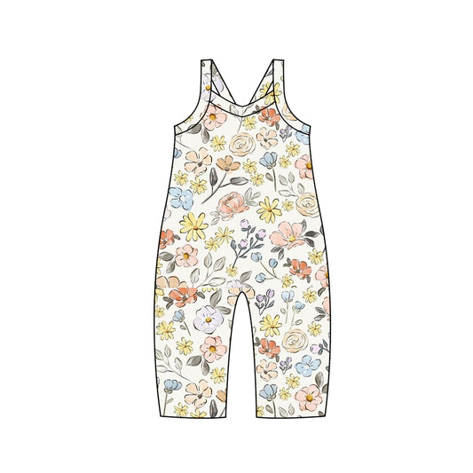 (Pre-order)SR1981  Yellow Flowers Print Girls Jumpsuits