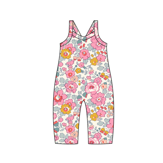 (Pre-order)SR1982  Pink Flowers Print Girls Jumpsuits