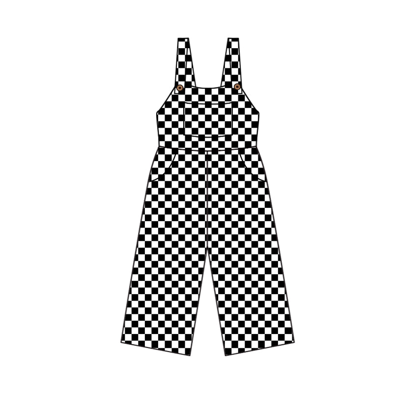 (Pre-order)SR1986  Black Plaid Print Pockets Girls Jumpsuits