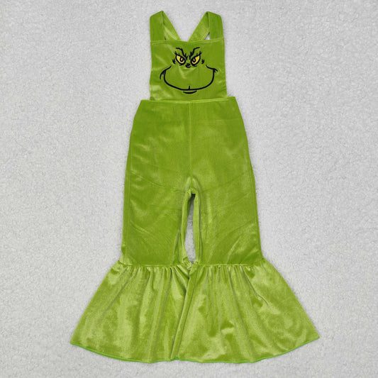 SR2013  Green Frog Face Embroidery Girls Christmas Velvet Jumpsuits