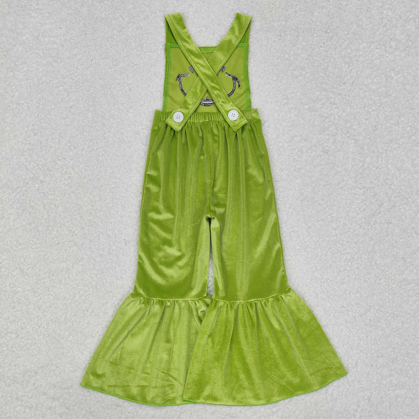 SR2013  Green Frog Face Embroidery Girls Christmas Velvet Jumpsuits