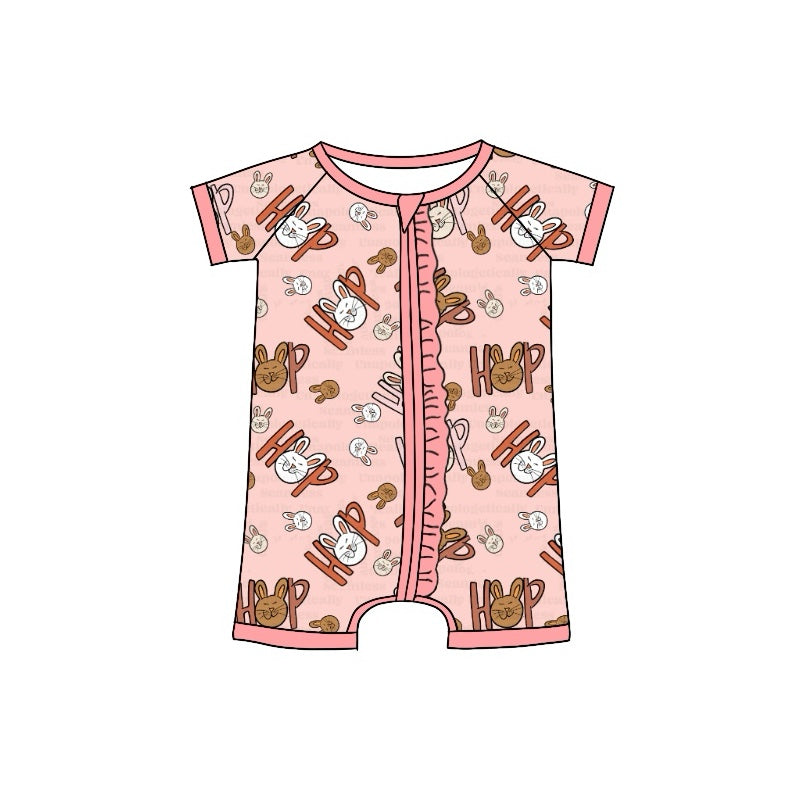 (Pre-order)SR2015 HOP Bunny Pink Print Baby Girls Easter Sleeper Zipper Romper