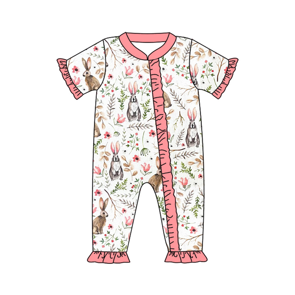 (Pre-order)SR2017 Bunny Flowers Print Baby Girls Easter Sleeper Zipper Romper