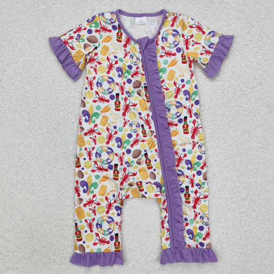 SR2019 Anchor Corn Crayfish Print Baby Girls Mardi Gras Sleeper Zipper Romper