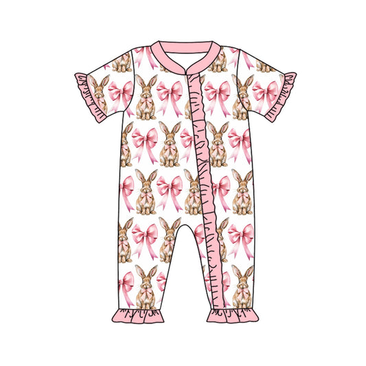 (Pre-order)SR2020 Bunny Bows Print Baby Girls Easter Sleeper Zipper Romper