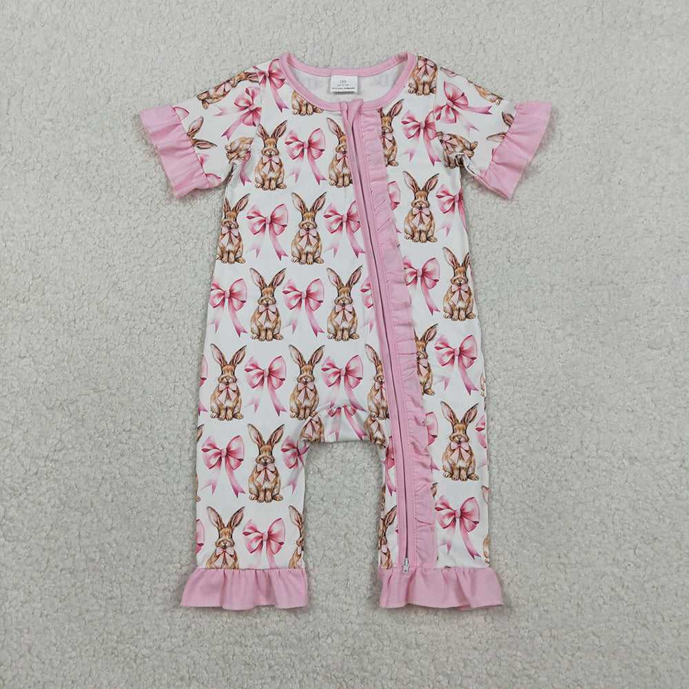SR2020 Bunny Bows Print Baby Girls Easter Sleeper Zipper Romper