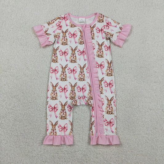 SR2020 Bunny Bows Print Baby Girls Easter Sleeper Zipper Romper
