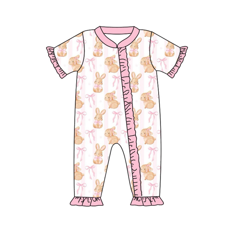 (Pre-order)SR2021 Bunny Bows Print Baby Girls Easter Sleeper Zipper Romper