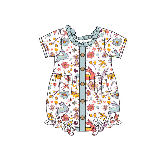 (Pre-order)SR2022 Bunny Flowers Print Baby Girls Easter Romper
