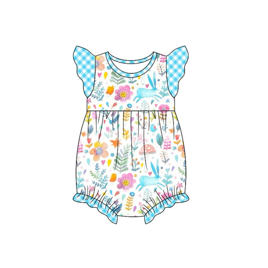 (Pre-order)SR2024 Bunny Flowers Blue Print Baby Girls Easter Romper