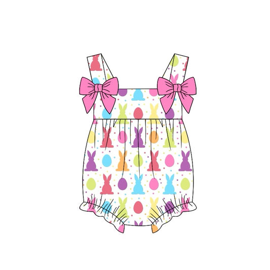 (Pre-order)SR2025 Colorful Bunny Eggs Print Baby Girls Easter Romper