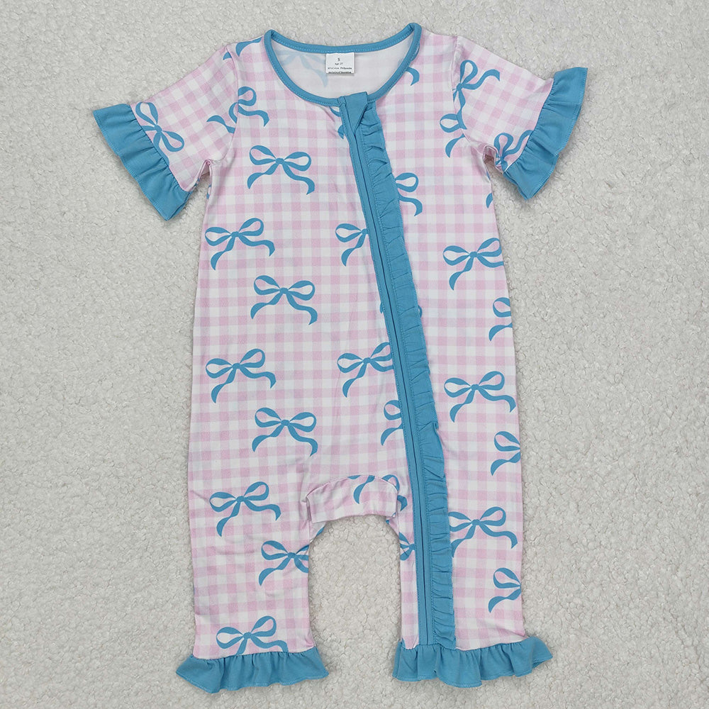 SR2026 Blue Bows Pink Plaid Print Baby Girls Sleeper Zipper Romper