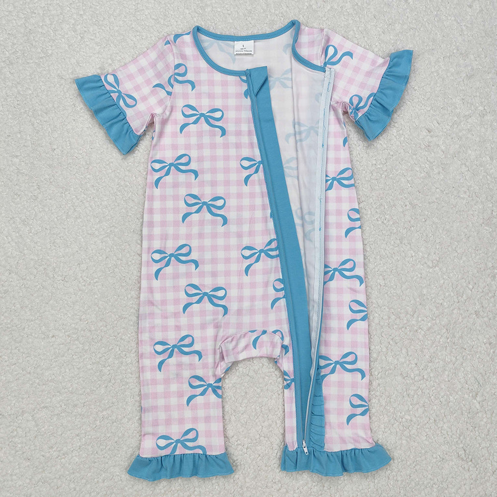 SR2026 Blue Bows Pink Plaid Print Baby Girls Sleeper Zipper Romper