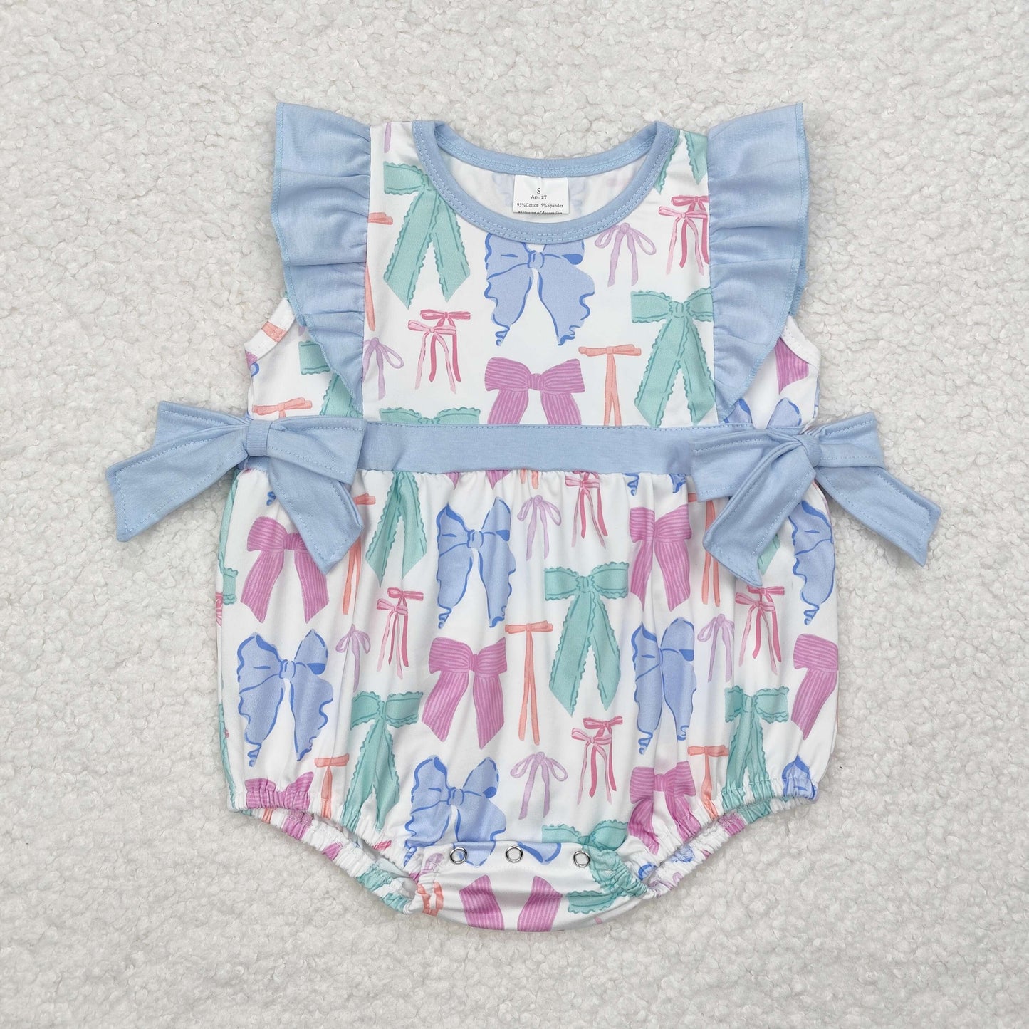 SR2027 Colorful Bows Print Baby Girls Short Sleeve Romper