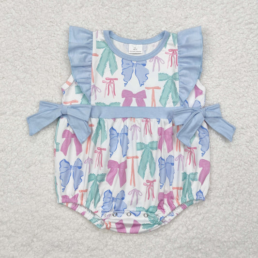 SR2027 Colorful Bows Print Baby Girls Short Sleeve Romper