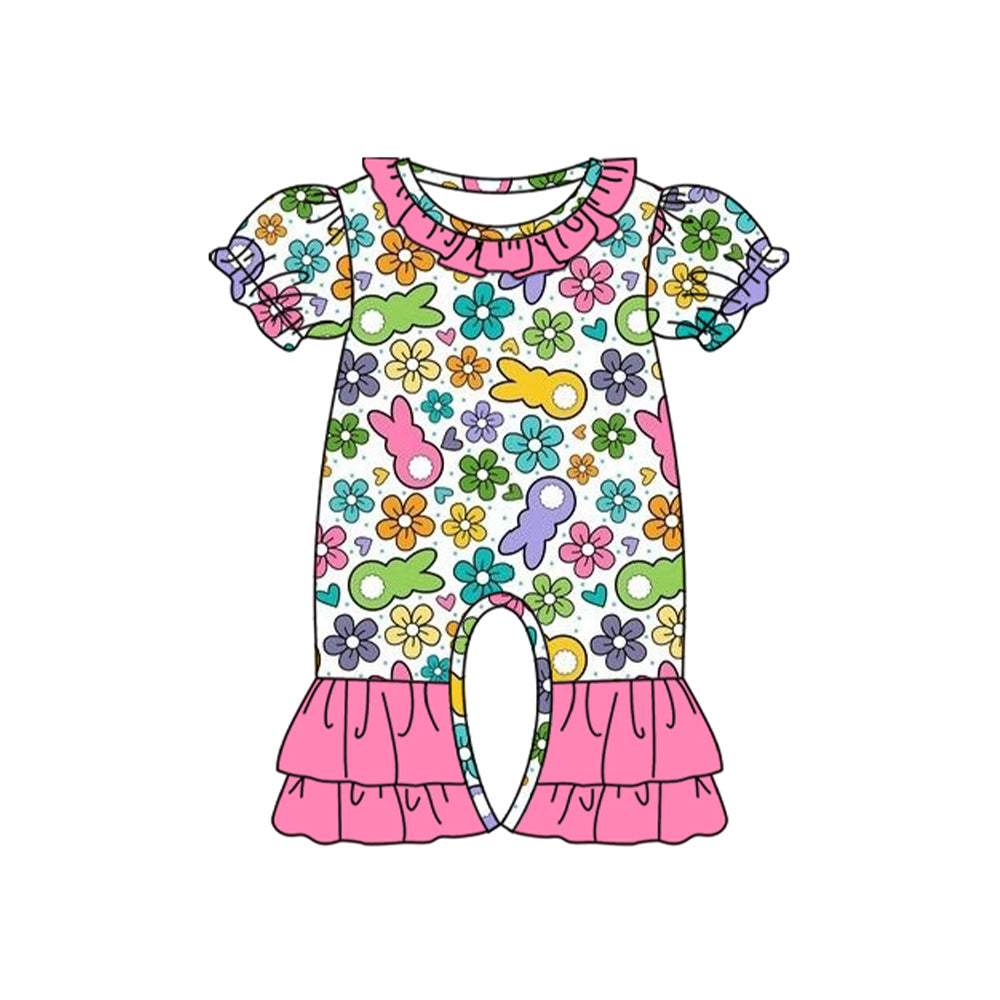 (Pre-order)SR2029 Colorful Bunny Flowers Print Baby Girls Easter Romper
