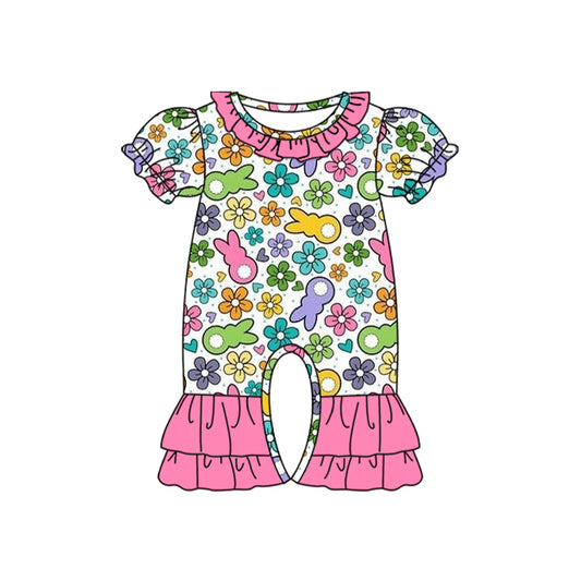 (Pre-order)SR2029 Colorful Bunny Flowers Print Baby Girls Easter Romper
