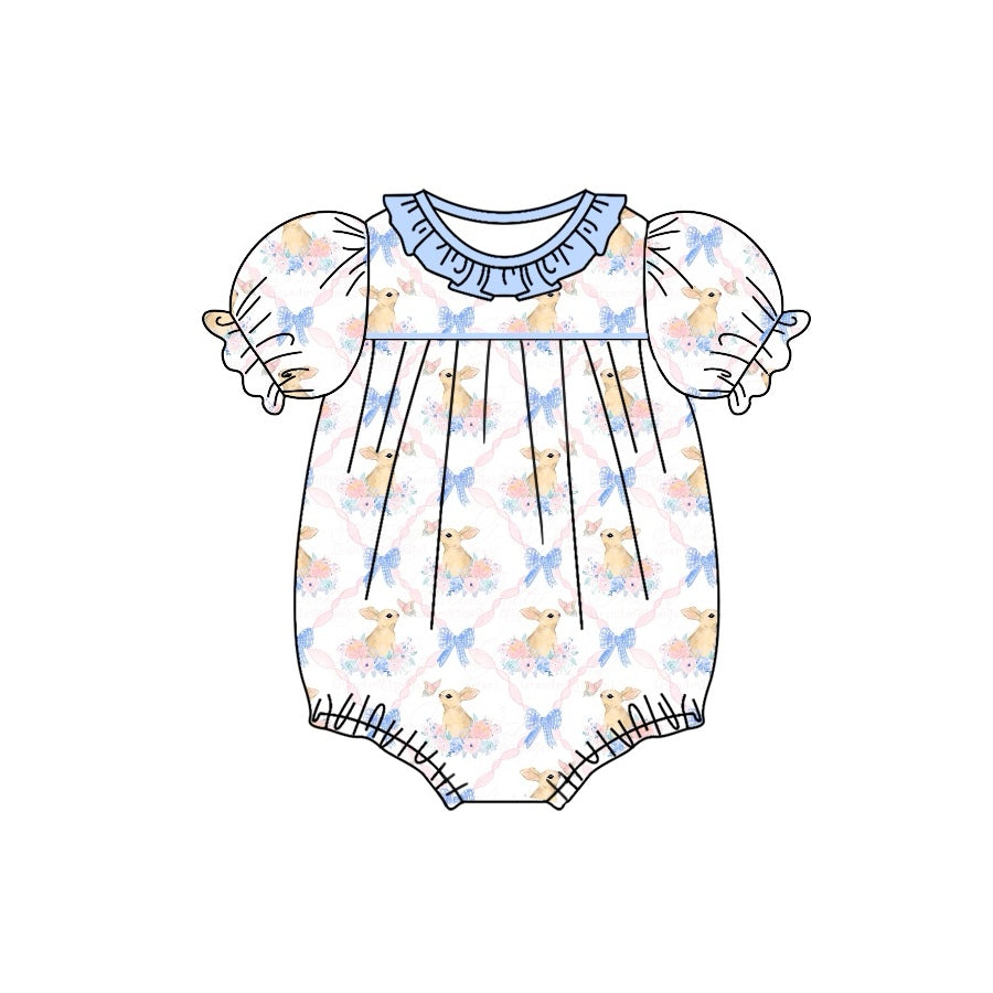 (Pre-order)SR2030 Bows Bunny Flowers Print Baby Girls Easter Romper