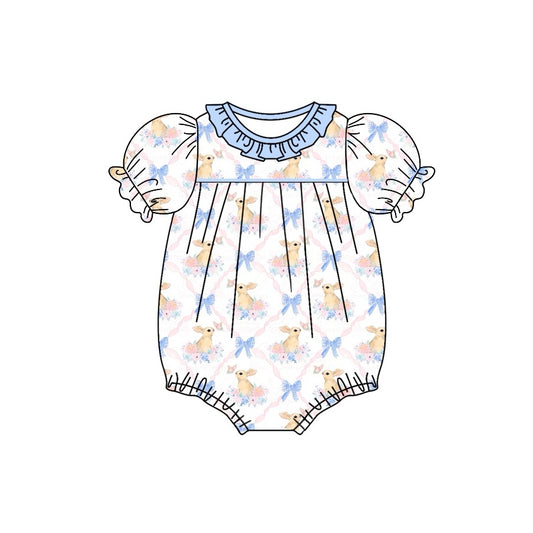 (Pre-order)SR2030 Bows Bunny Flowers Print Baby Girls Easter Romper