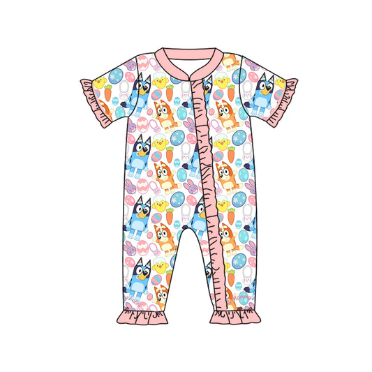 (Pre-order)SR2031 Cartoon Dog Eggs Print Baby Girls Easter Sleeper Zipper Romper