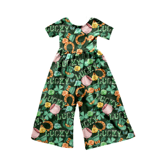 (Pre-order)SR1140  LUCK Flowers Hat Print Girls St. Patrick's Day Jumpsuits