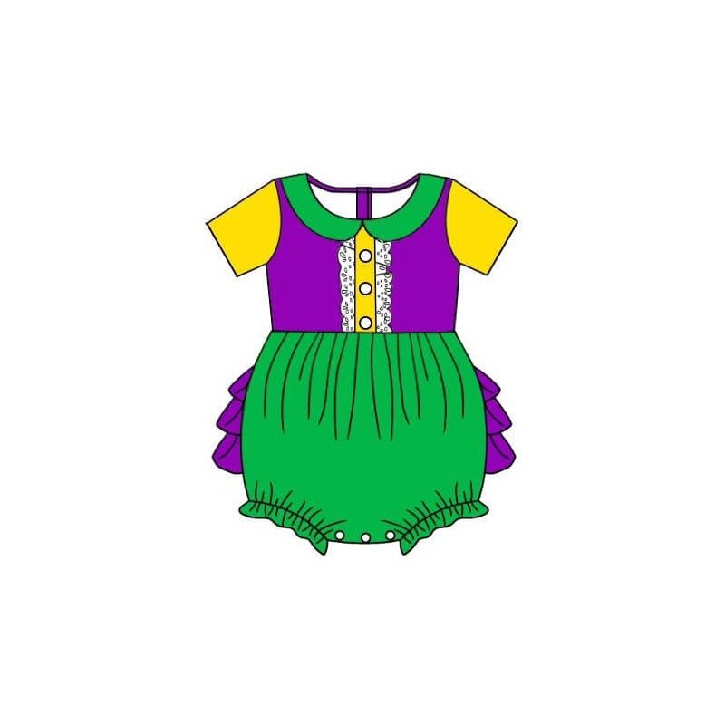 (Pre-order)SR2035 Green Purple Yellow Color Baby Girls Mardi Gras Romper
