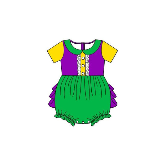(Pre-order)SR2035 Green Purple Yellow Color Baby Girls Mardi Gras Romper