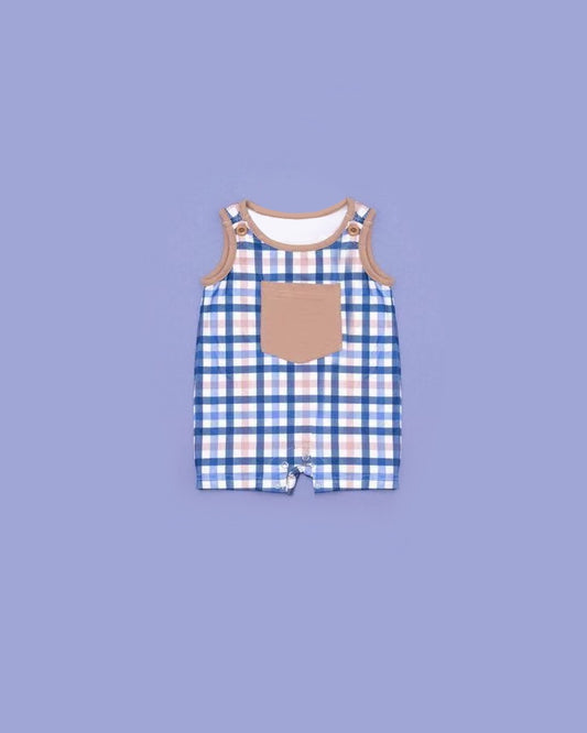 (Pre-order)SR2038 Blue Plaid Print Baby Boys Pocket Romper