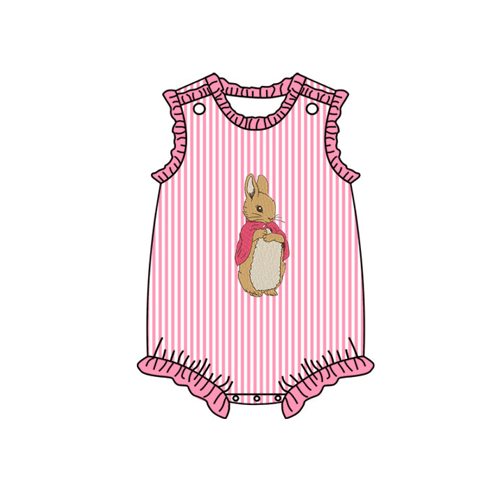 (Pre-order)SR2041 Cartoon Bunny Pink Stripes Print Baby Girls Easter Romper