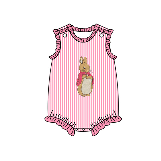 (Pre-order)SR2041 Cartoon Bunny Pink Stripes Print Baby Girls Easter Romper