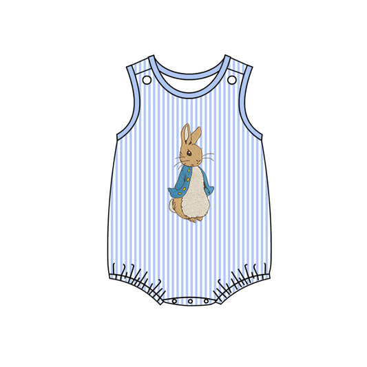 (Pre-order)SR2042 Cartoon Bunny Blue Stripes Print Baby Boys Easter Romper