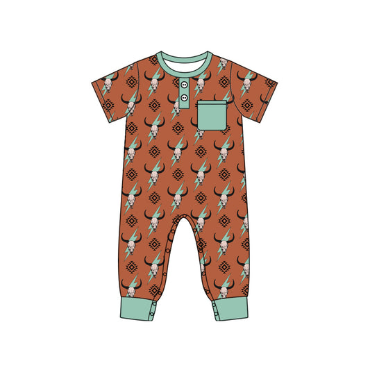 (Pre-order)SR2044 Cow Skull Aztec Print Baby Boys Pocket Romper